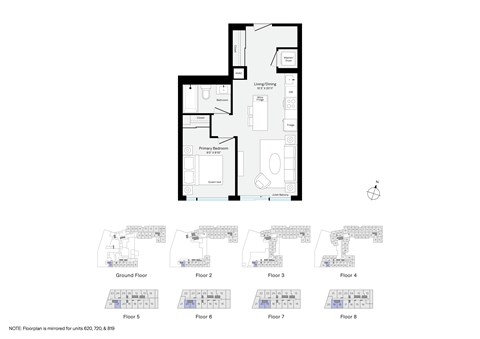 Floor plan for 1 bed, 1 bath, 545 sqft